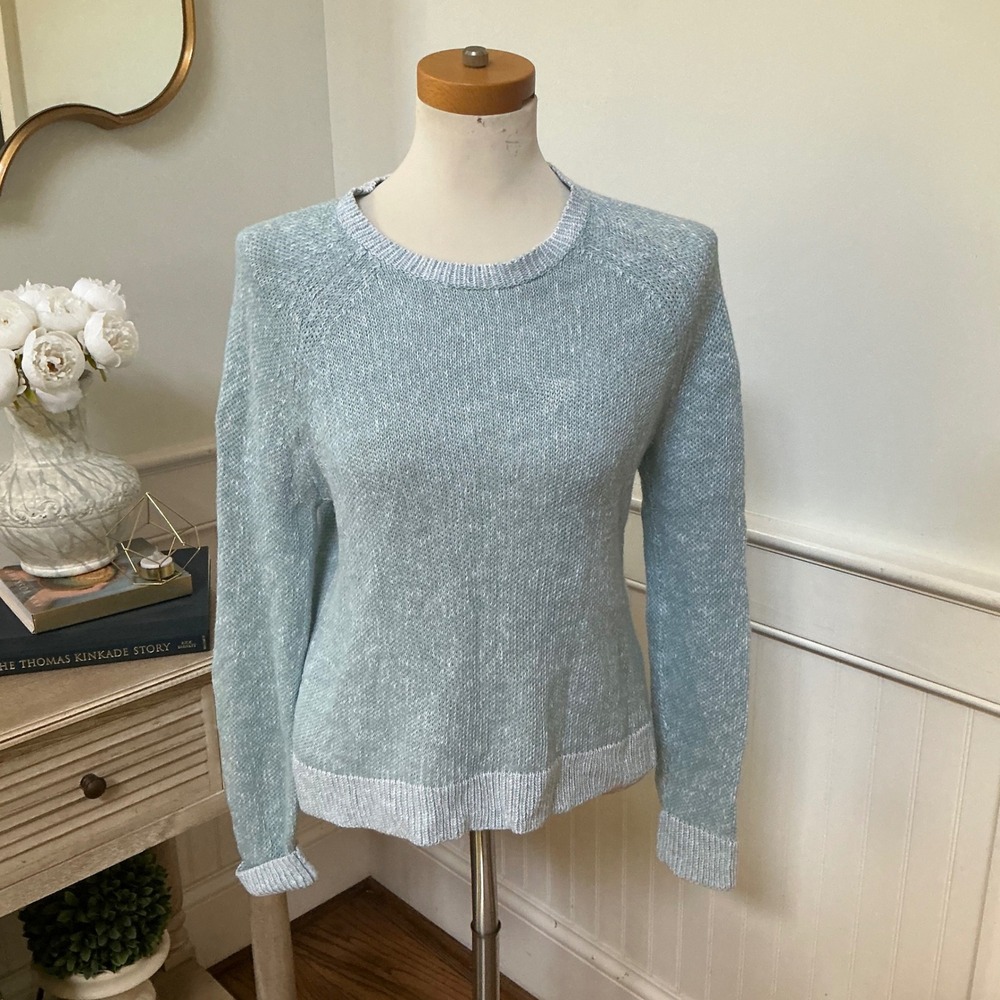 Eileen Fisher Organic Linen Cotton Marl Knit Sweater Light Blue XS Raglan Crew